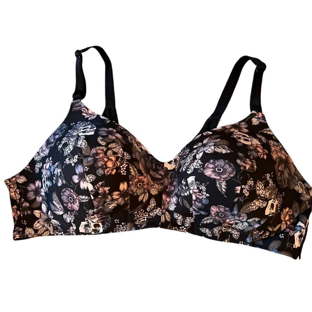 Torrid Womens Size 40C Dream Wirefree Bra Black Skull Floral Print Lined